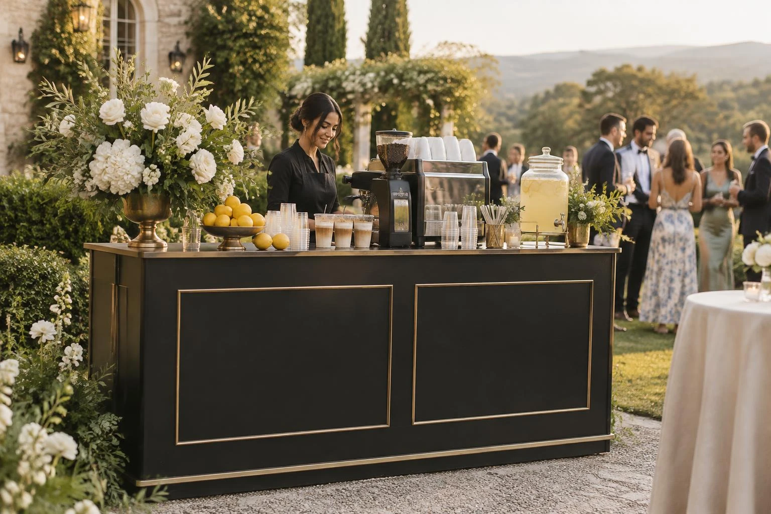 Inspiration for an elegant Brewed and Squeezed beverage station at a garden celebration