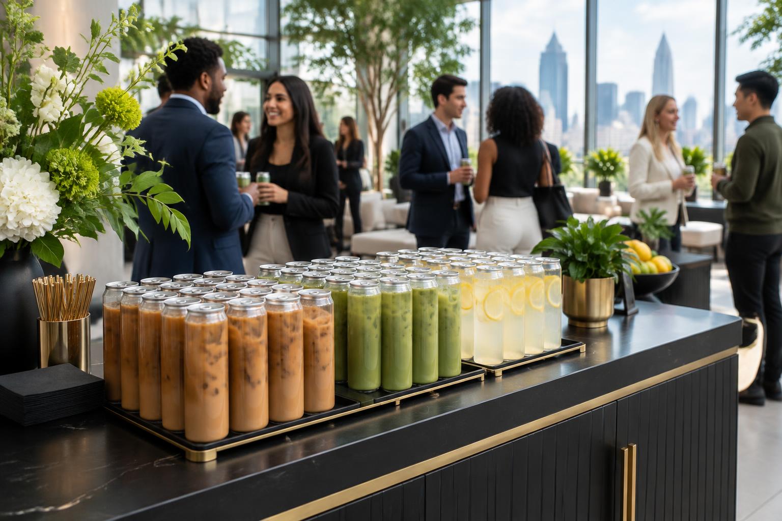 Illustrative corporate reception with iced lattes, matcha, and lemonade in clear cans