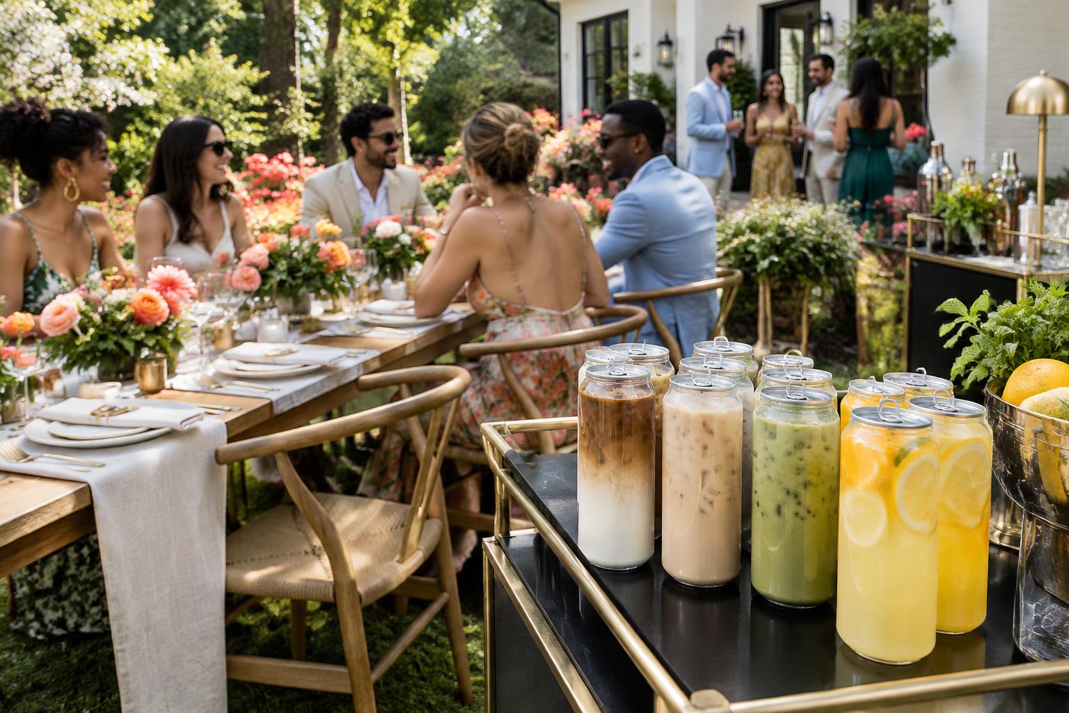 Illustrative private garden celebration with friends and a fresh beverage station