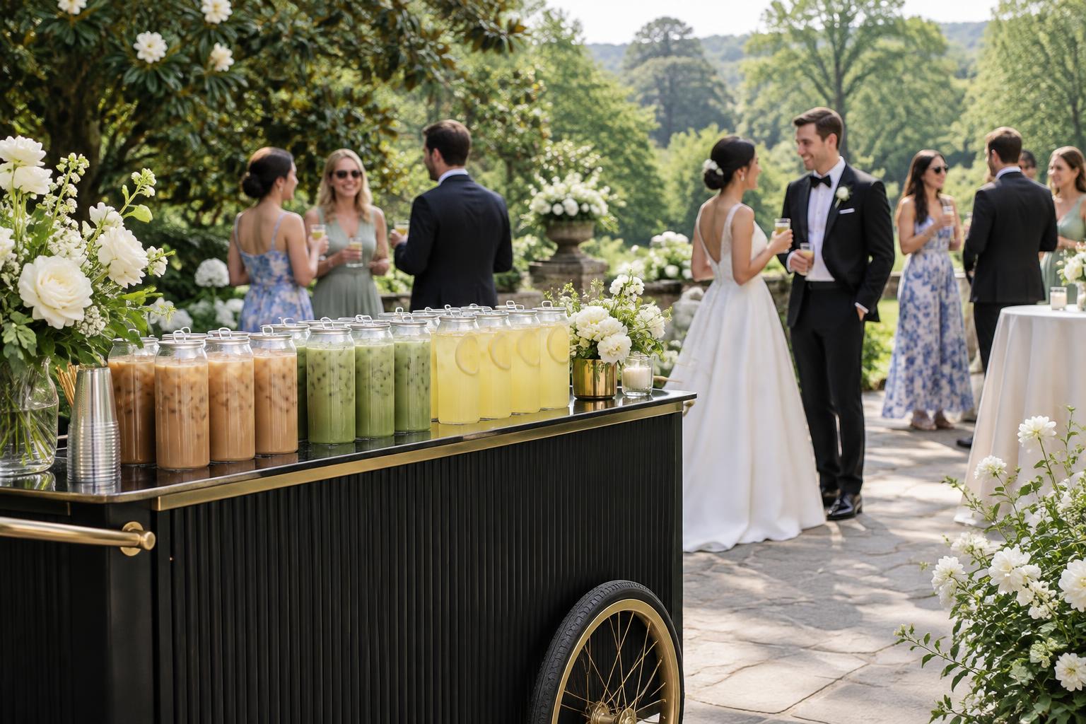Illustrative garden wedding with a black-and-gold beverage bar and clear-can drinks